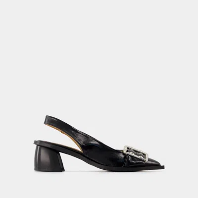 Ganni Black Feminine Buckle Slingback Heels