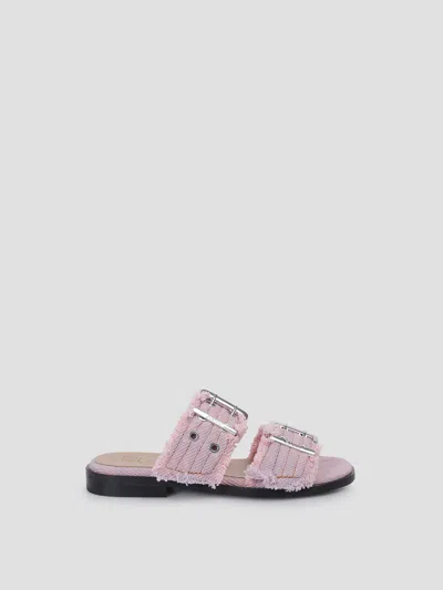 Ganni Feminine Buckle Strap Sandal With Fringed Detail In Cameo Pink