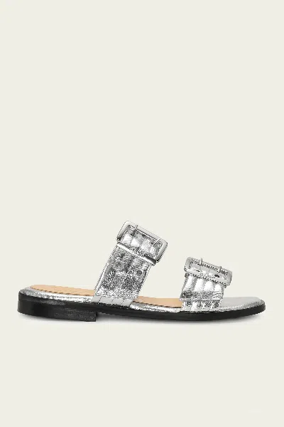 GANNI FEMININE BUCKLE TWO STRAP METALLIC SANDAL IN SILVER