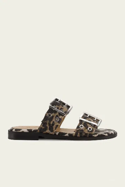 GANNI FEMININE BUCKLE TWO STRAP SANDAL IN LEOPARD