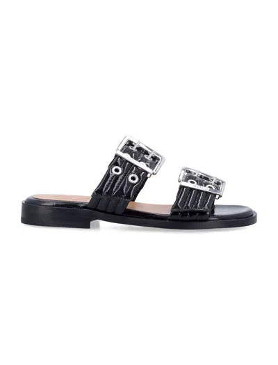 Ganni Feminine Buckle Two-strap Sandals In Black