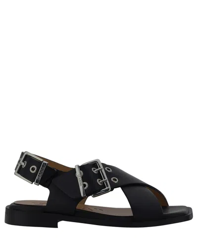 Ganni Black Sandals With Criss Cross Straps In Leather Woman