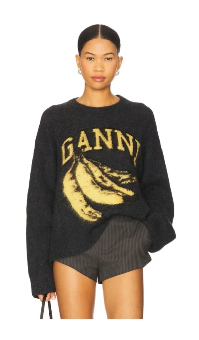 Ganni Fine Brushed Alpaca Banana Oversized O-neck In Black