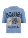 Ganni Light Blue Crewneck T-shirt With Maxi Logo Embroidery On The Front In Blue