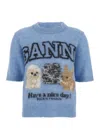 Ganni Light Blue Crewneck T-shirt With Maxi Logo Embroidery On The Front