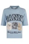 Ganni Light Blue Crewneck T-shirt With Maxi Logo Embroidery On The Front In Blue