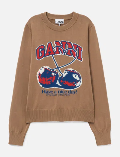 Ganni Fine Cotton Graphic Sweater Cherry In Brown