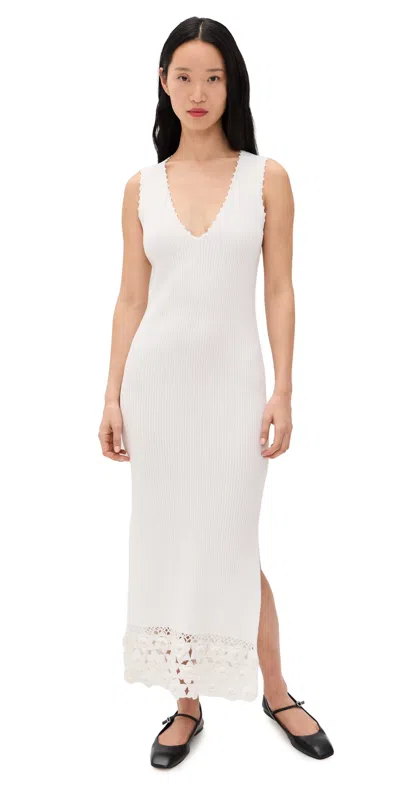 Ganni Crochet-trimmed Ribbed Cotton-blend Midi Dress In White