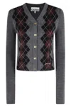 Ganni Grey Cropped Cardigan Wih V Neck And Checkmotif On The Front In Gray