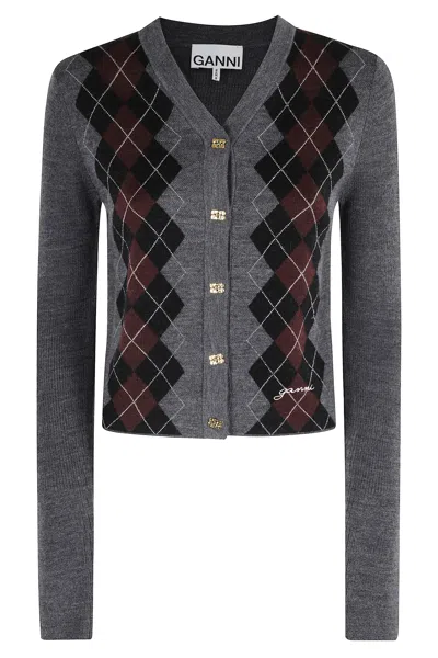 Ganni Fine Merino Jacquard Cardigan In Gray