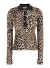 Ganni Multicolor Polo Shirt With Jewel Buttons And All-over Leopard Print In Cotton Woman In Brown