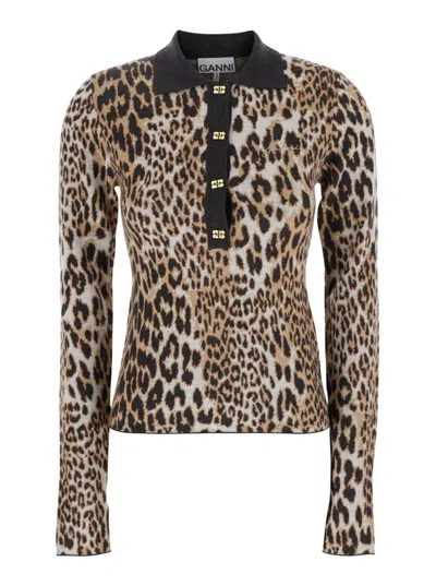 GANNI GANNI FINE MERINO JACQUARD LEOPARD POLO
