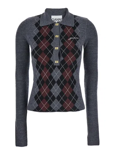 Ganni Women Grey Sweater With Classic Collar And Check Motif On The Front In Wool Woman In Gray