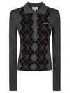 Ganni Grey Sweater With Classic Collar And Check Motif On The Front In Gray