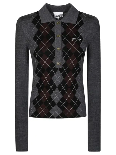 GANNI GANNI FINE MERINO JACQUARD POLO WITH CLASSIC COLLAR