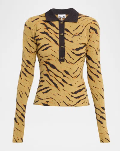 GANNI FINE MERINO JACQUARD TIGER POLO SWEATER