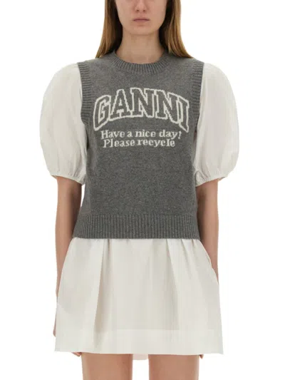 Ganni Fitted Grey Wool Vest In White