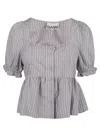 Ganni Candy Stripe Blouse In Soft Chambray In Gray