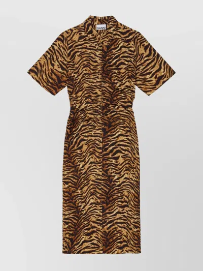 GANNI FITTED WAIST TIGER DRESS WITH GATHERED DETAILING