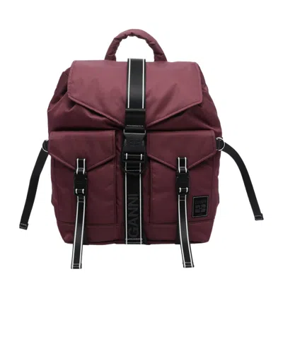 Ganni Flap Backpack In Burgundy