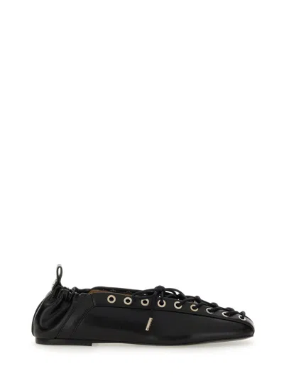 GANNI BLACK LACE-UP BALLERINAS WITH METAL EYELETS AND ELASTICIZED ANKLE IN ECO-LEATHER WOMAN