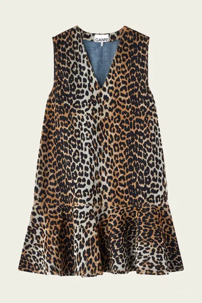 Ganni Ruffled Leopard-print Flocked Recycled-denim Mini Dress In Animal Print