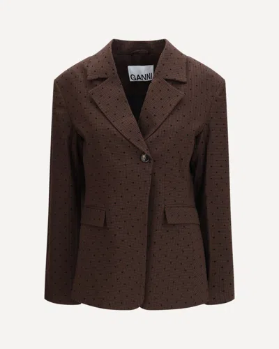 Ganni Flocked Check Blazer In Brown