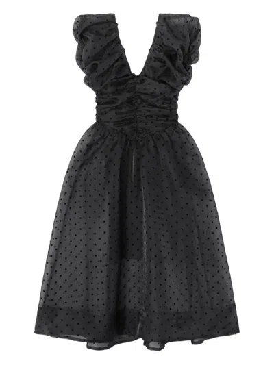 Ganni Ruched Flocked Polka-dot Recycled Organza Midi Dress In Black
