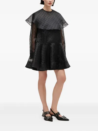 Ganni Flocked Organza Mini Dress In Black