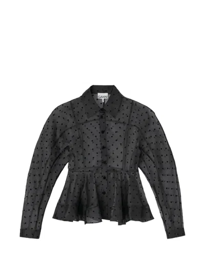 Ganni Polka-dot Peplum Shirt In Black