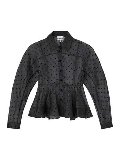 Ganni Flocked Organza Peplum Shirt In Black