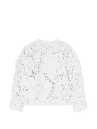 Ganni Floral-appliqué Crochet-knit Sweater In White