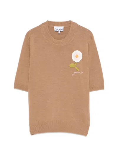Ganni Floral-appliqué Short-sleeve Sweater In Brown