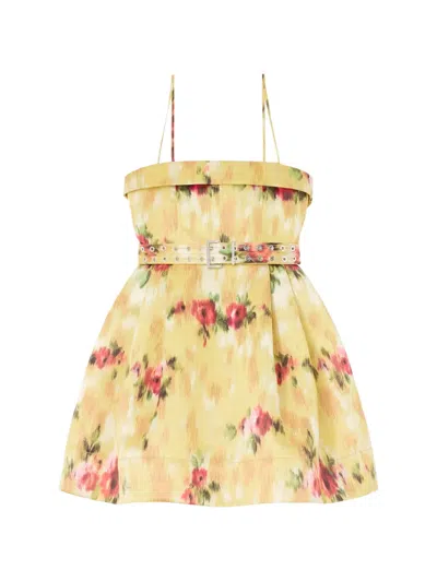 Ganni Floral-print Tie-detailed Duchesse-satin Mini Dress In Yellow
