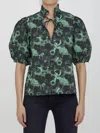 Ganni Floral Cotton Blouse In Green