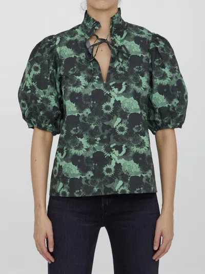 Ganni Floral Cotton Blouse In Green