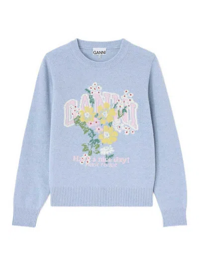 Ganni Floral Crew Neck Sweater In Light Blue