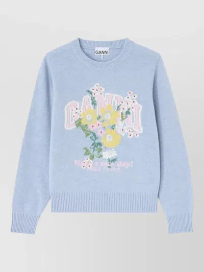 Ganni Floral Crew Neck Top Long Sleeves In Blue