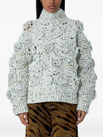 Ganni Floral Crochet High-neck Jumper In Green