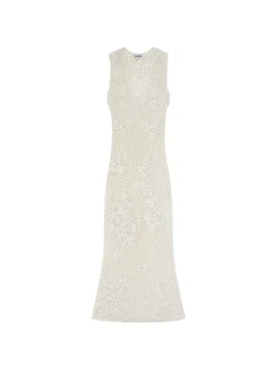 Ganni Floral Crocheted Midi Dress In White