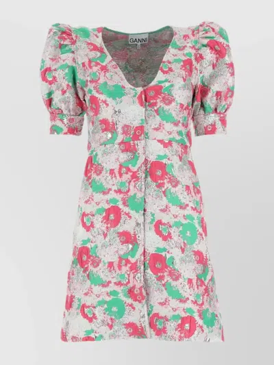 Ganni Multicolor Button Down Mini Dress With 3d Jacquard Floreal Motif In Floral
