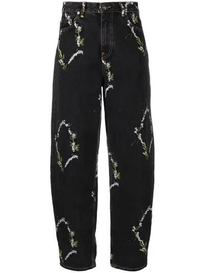 Ganni Floral-embroidered Tapered-leg Jeans In Black