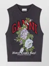 Ganni Floral Embroidered Wool Sleeveless Top In Brown