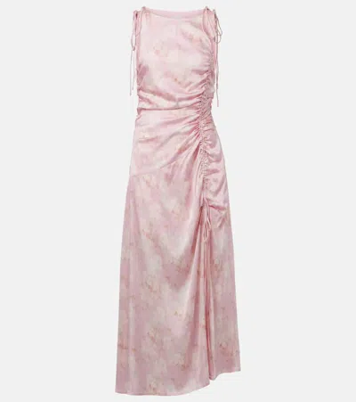 Ganni Floral Gathered Satin Midi Dress In Pink