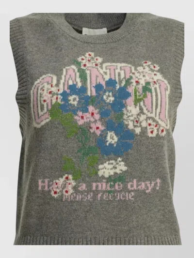 Ganni Floral Graphic Crew Neck Sleeveless Vest In Multi