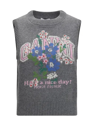 Ganni Floral Graphic Knit Tank Top In Gray