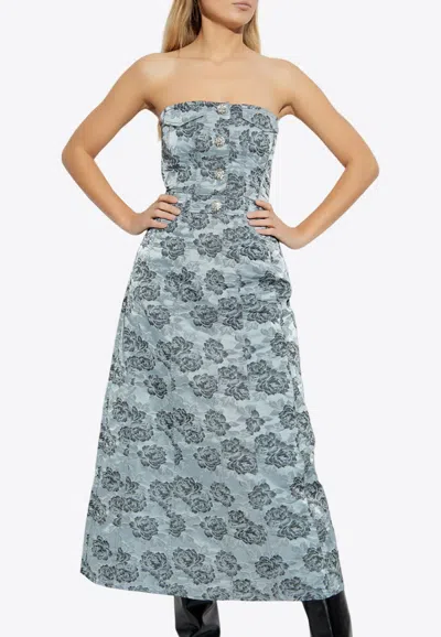 Ganni Blue Floral Jacquard Long Corsage Dress