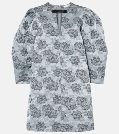 Ganni Floral Jacquard Minidress In Blue