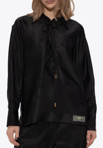 Ganni Floral Jacquard Satin Top In Black