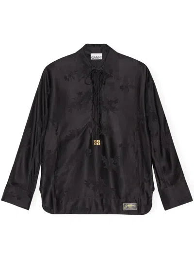 Ganni Floral-jacquard Shirt In Black
